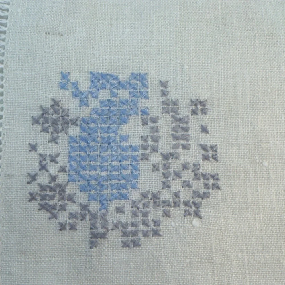 Vintage‎ Hand Embroidered Linen Placemats Cross Stitch Blue Hemstitch Set of 9